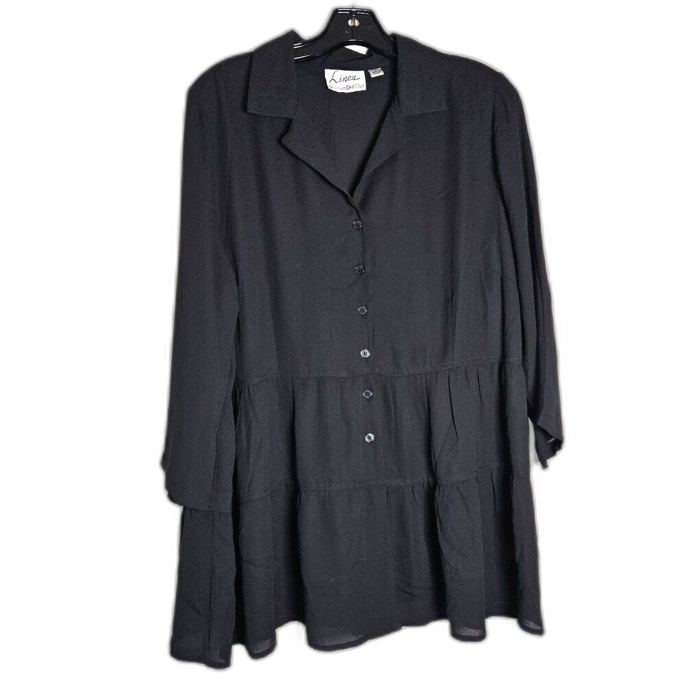 Linea by Louis Dell'Olio Black Tiered Button Front Smock Tunic Blouse Large